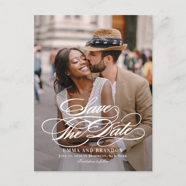 Poetic Script Wedding Save The Date Postcard (Front)