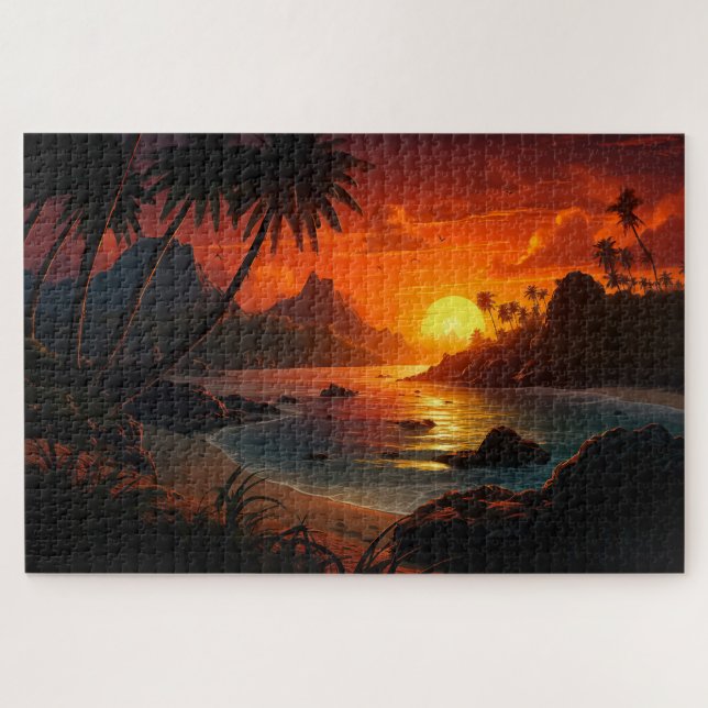 Poetic Sunset on Tropical Beach Illustration Jigsaw Puzzle (Horizontal)