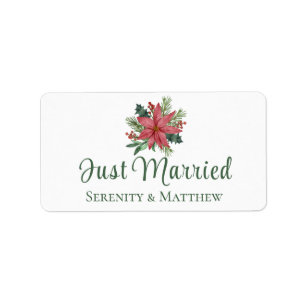 Poinsetia Christmas Floral Just Married Wedding  Label