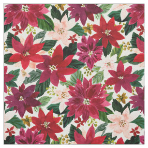 POINSETTIA ABUNDANCE Red Holiday Watercolor Floral Fabric