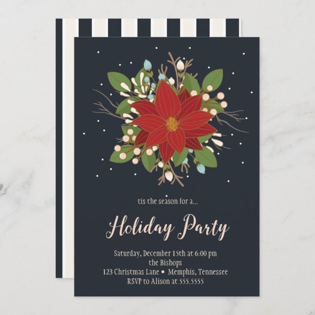 Poinsettia and Berries Holiday Party Invitation (Front/Back)