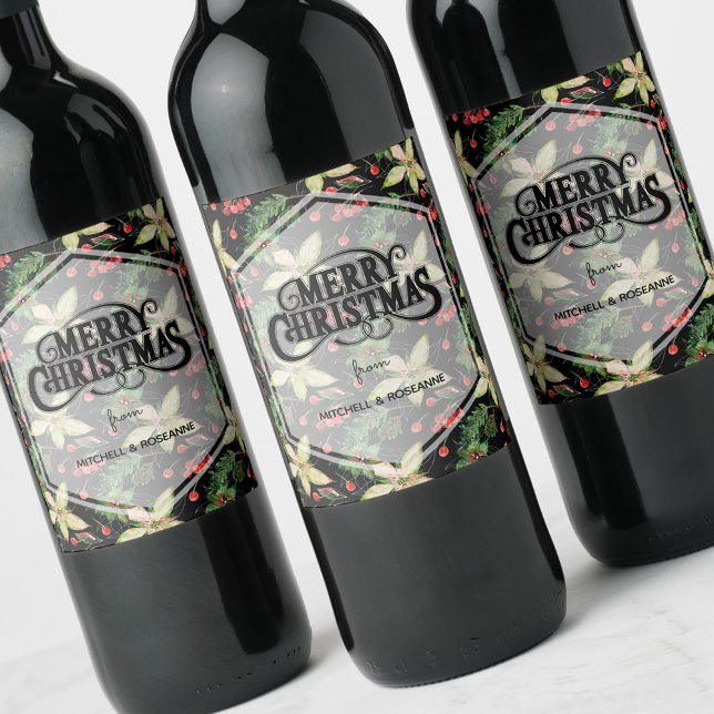 Poinsettia and Berries on Black Wine Label (Creator Uploaded)