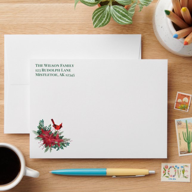 Poinsettia and Cardinal - Poinsettia Lined  Envelope (Desk)