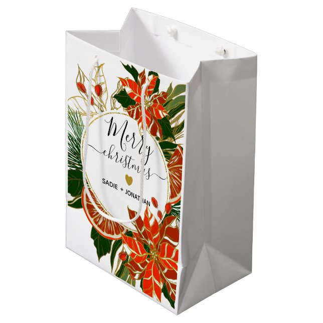 Poinsettia and Citrus Gold Merry Christmas Medium Gift Bag (Front Angled)