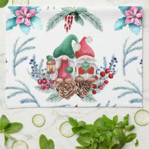 Poinsettia and Gnomes  Tea Towel