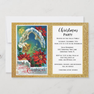  Poinsettia and Gold Bells Christmas Holiday Party Invitation