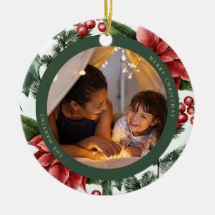Poinsettia and Greenery Photo and Name Ceramic Ornament