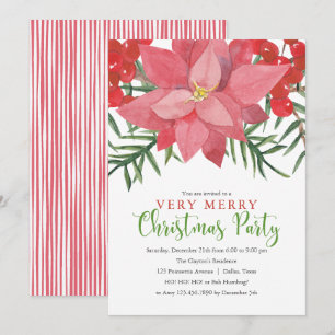 Poinsettia and Holly Berries Very Merry Christmas  Invitation
