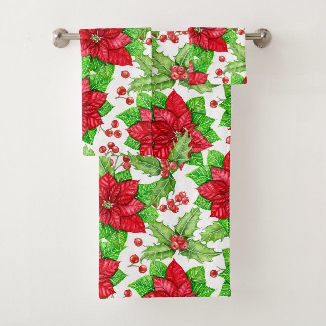 Poinsettia and holly berry watercolor Christmas Bath Towel Set (Insitu)