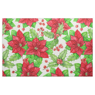 Poinsettia and holly berry watercolor Christmas Fabric