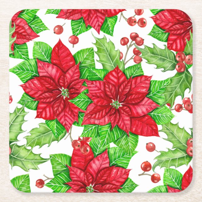 Poinsettia and holly berry watercolor Christmas Square Paper Coaster (Front)