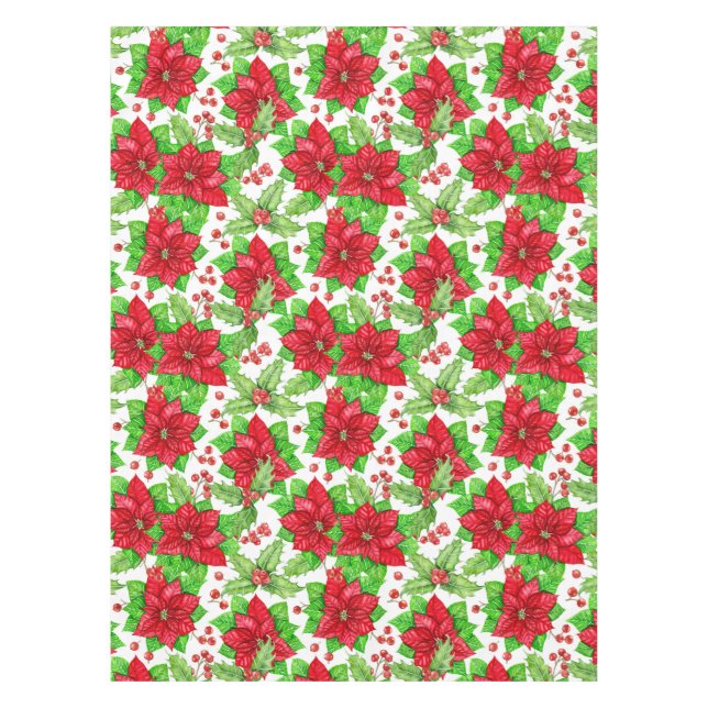 Poinsettia and holly berry watercolor Christmas Tablecloth (Front)