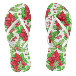 Poinsettia and holly berry watercolor Christmas Thongs