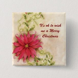 Poinsettia and Holly Christmas Button