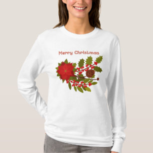 Poinsettia and Holly, Merry Christmas T-Shirt