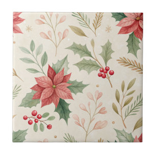 Poinsettia and Holly Pattern – Classic Christmas 1 Ceramic Tile