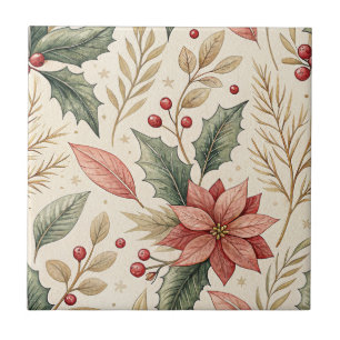 Poinsettia and Holly Pattern – Classic Christmas 2 Ceramic Tile