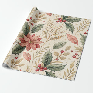 Poinsettia and Holly Pattern – Classic Christmas 2 Wrapping Paper