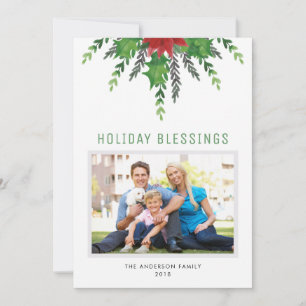 Poinsettia and Holly Photo Christmas Card