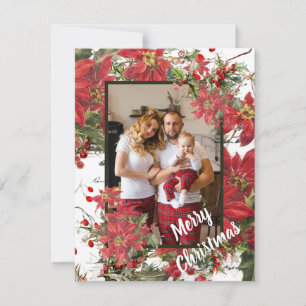 Poinsettia and holly Photo Holiday Card