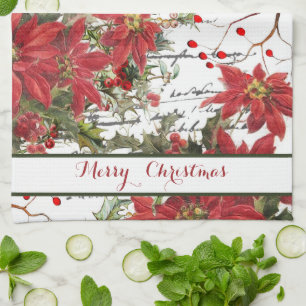 Poinsettia and holly tea towel