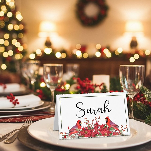 Poinsettia and holly with Cardinals Christmas Place Card (Creator Uploaded)