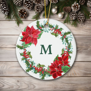 Poinsettia and Holly Wreath Christmas Ceramic Ornament