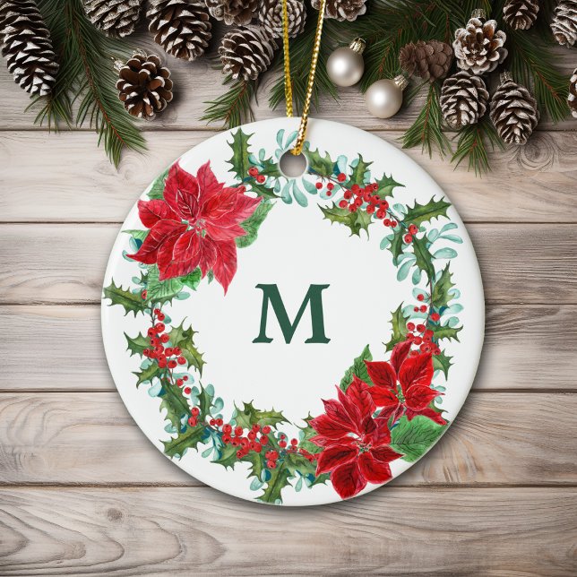 Poinsettia and Holly Wreath Christmas Ceramic Ornament (Creator Uploaded)