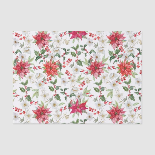 Poinsettia and Paperwhite Christmas Floral Pattern Tissue Paper (Front)