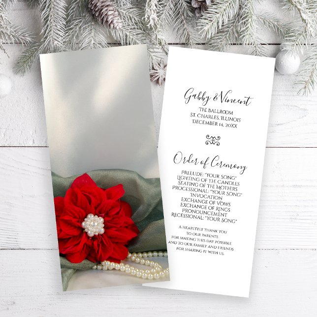 Poinsettia and Pearls Green Winter Wedding Program (Personalize the festive Poinsettia and Pearls Winter Wedding Program with your marriage ceremony )