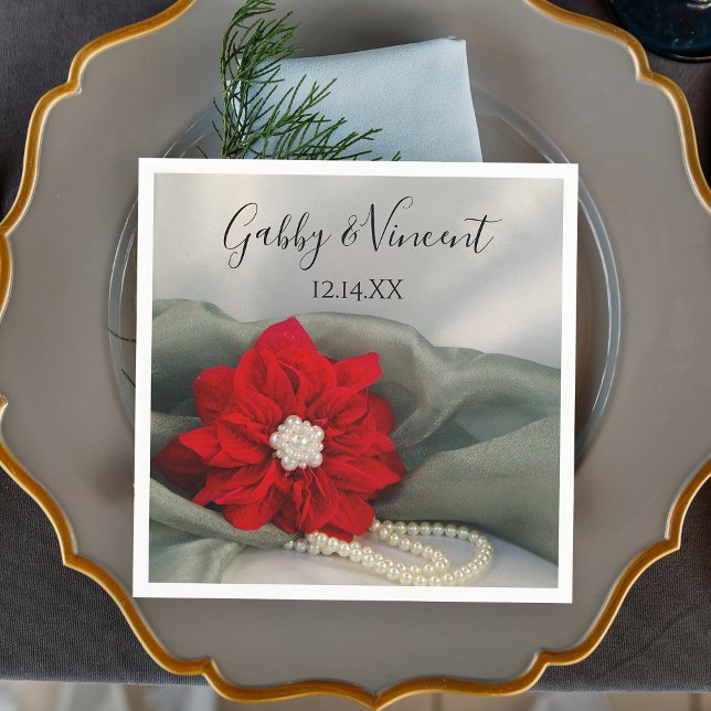 Poinsettia and Pearls on Green Winter Wedding Napkin (Set a festive table with the elegant Poinsettia and Pearls Winter Wedding Paper Napkin.)