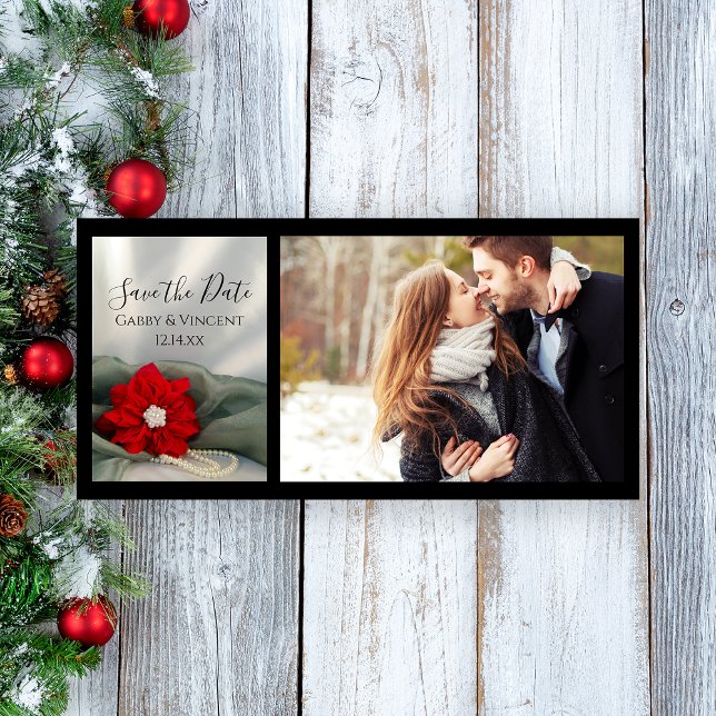 Poinsettia and Pearls Winter Wedding Save the Date (Set a festive tone for your December marriage with the Poinsettia and Pearls Save the Date Card.)