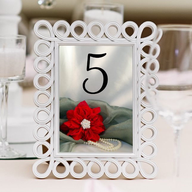 Poinsettia and Pearls Winter Wedding Table Numbers (Set a festive table at your December event with the elegant Poinsettia and Pearls Table Numbers.)