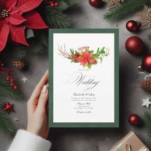 Poinsettia and Pine Christmas Wedding Charm Invitation