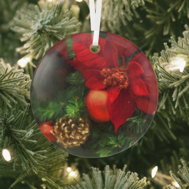 Poinsettia and Pine Cone  Glass Tree Decoration (Insitu)