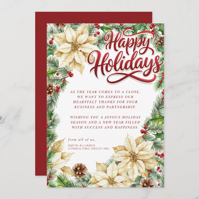 Poinsettia and Pine Corporate Holiday Card (Front/Back)
