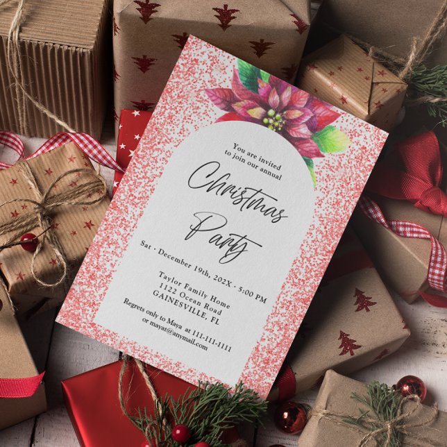 Poinsettia and Red Glitter Christmas Party Invitation (Creator Uploaded)