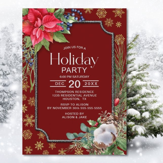  Poinsettia and Snowflakes Holiday Party Invitation (Creator Uploaded)