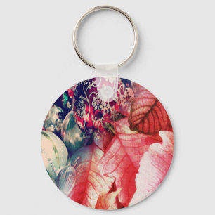 Poinsettia and Vintage Christmas Ornaments Digital Key Ring