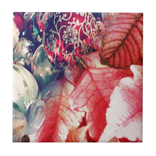 Poinsettia and Vintage Christmas Ornaments Digital Tile (Front)