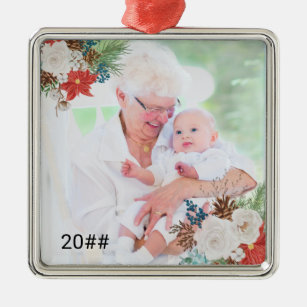 Poinsettia and White Rose Overlay Square Photo Metal Ornament