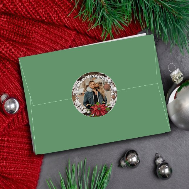 Poinsettia Bauble | Ornate Christmas Holiday Photo Classic Round Sticker (Creator Uploaded)