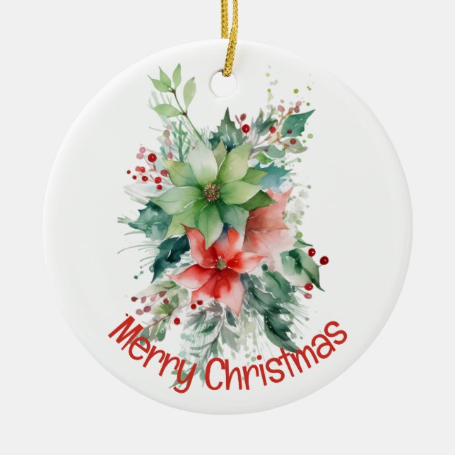 Poinsettia Berries And Leaves Christmas  Ceramic Ornament (Front)