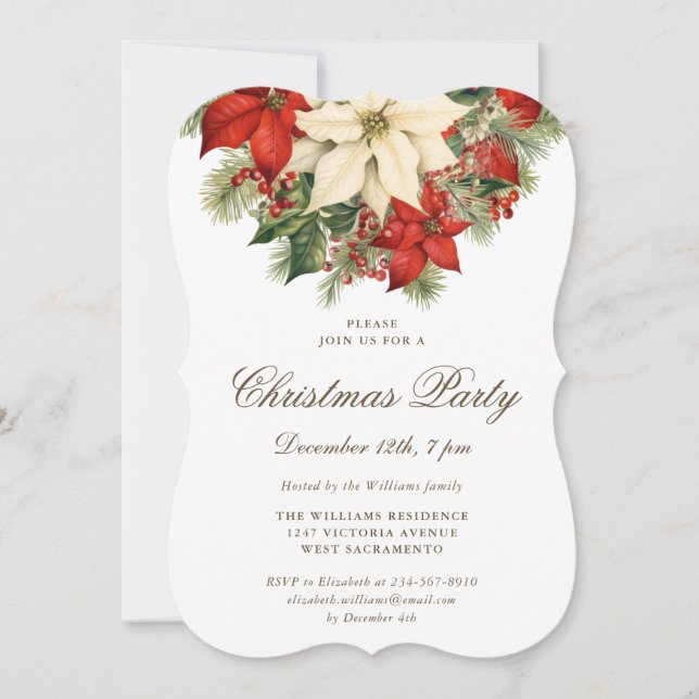 Poinsettia Berries Botanical Christmas Party Invitation (Front)