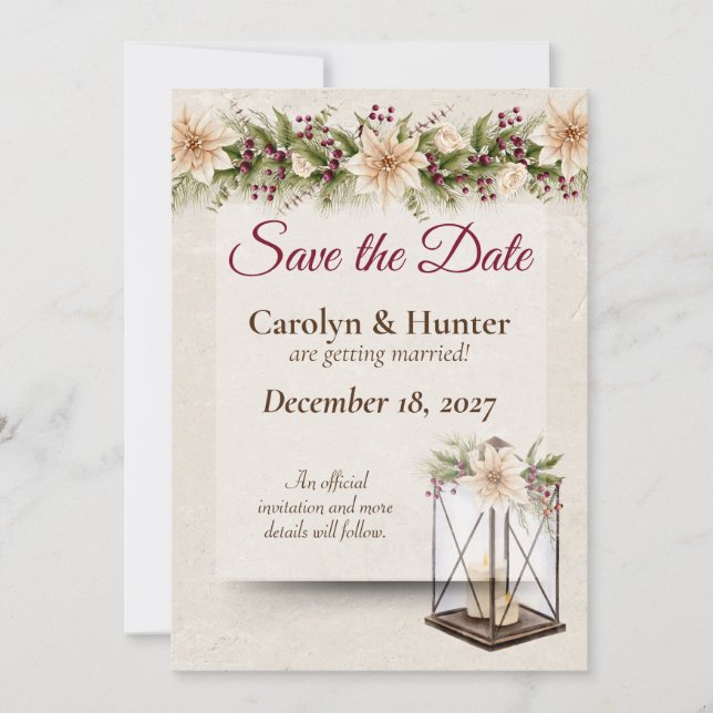 Poinsettia & Berries Elegant Wedding Save The Date (Front)