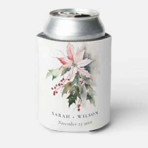 Poinsettia Berries Foliage Watercolor Wedding Can Cooler