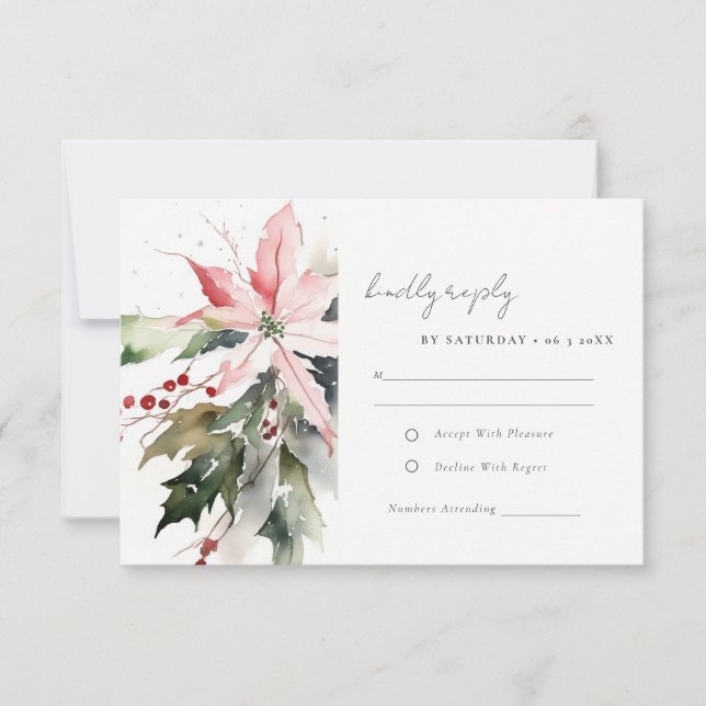 Poinsettia Berries Foliage Watercolor Wedding RSVP Card (Front)