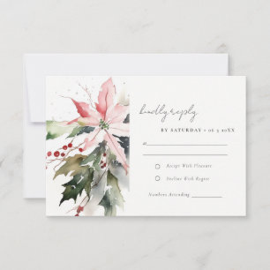 Poinsettia Berries Foliage Watercolor Wedding RSVP Card