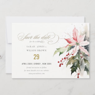 Poinsettia Berries Foliage Watercolor Wedding Save The Date