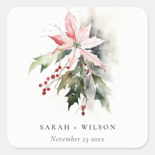 Poinsettia Berries Foliage Watercolor Wedding Square Sticker